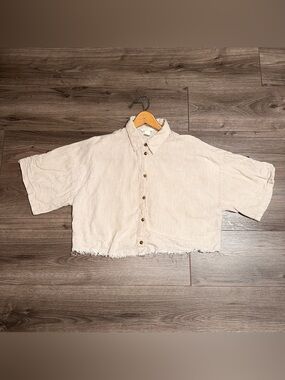 Linen-Blend Cropped Top Shag Hem Raw Cream Summer Style